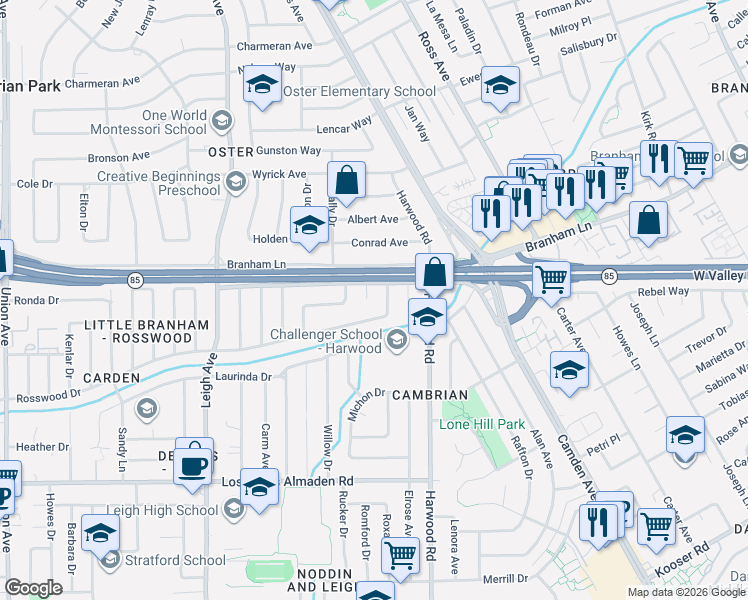 map of restaurants, bars, coffee shops, grocery stores, and more near 4830 Basswood Court in San Jose