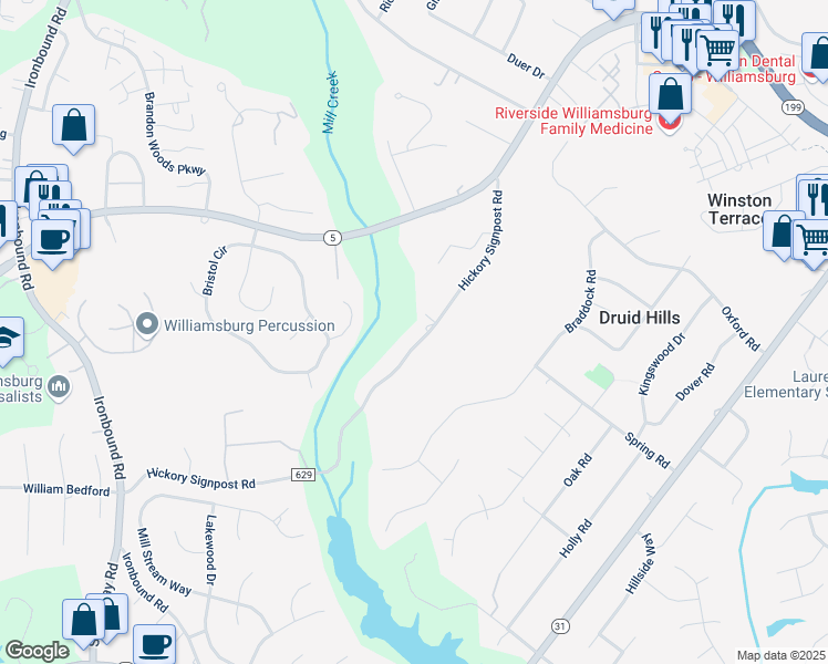 map of restaurants, bars, coffee shops, grocery stores, and more near 4924 Hickory Signpost Road in Williamsburg