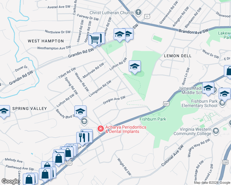 map of restaurants, bars, coffee shops, grocery stores, and more near 2512 Alberta Avenue Southwest in Roanoke