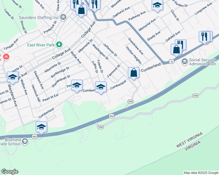 map of restaurants, bars, coffee shops, grocery stores, and more near 538 West Cumberland Road in Bluefield