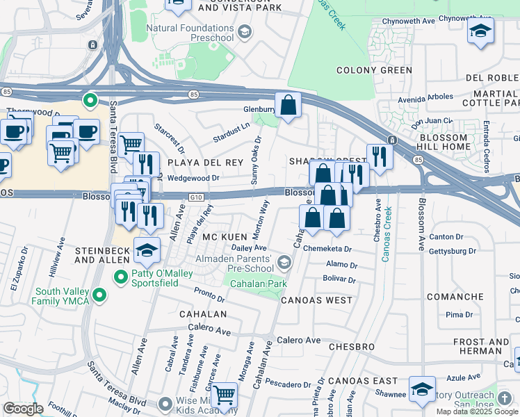 map of restaurants, bars, coffee shops, grocery stores, and more near 5629 Morton Way in San Jose