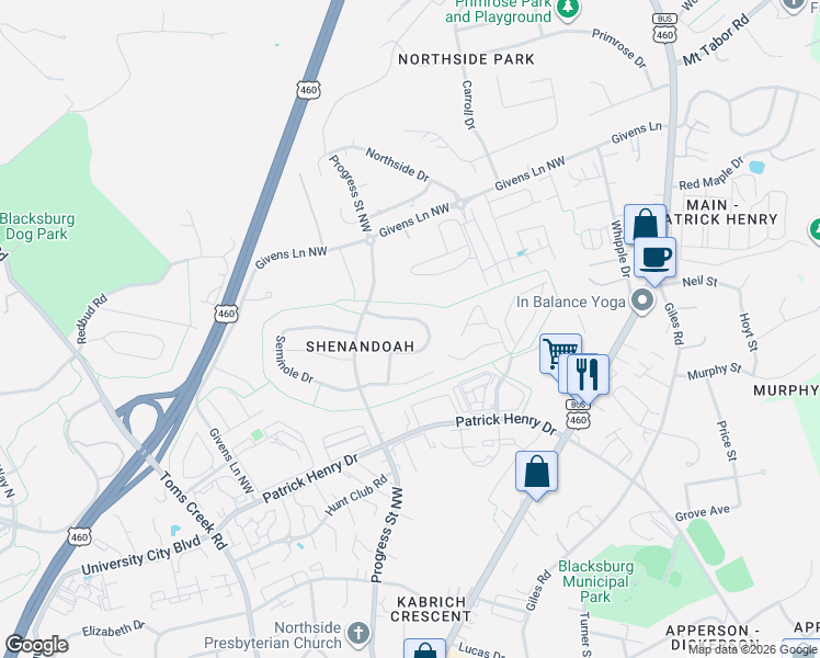 map of restaurants, bars, coffee shops, grocery stores, and more near 305 Cherokee Drive in Blacksburg