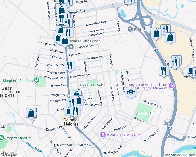 map of restaurants, bars, coffee shops, grocery stores, and more near 919 Lafayette Avenue in Colonial Heights