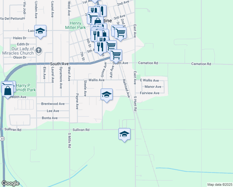 map of restaurants, bars, coffee shops, grocery stores, and more near 375 Meredith Avenue in Gustine