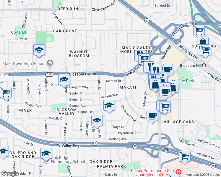 map of restaurants, bars, coffee shops, grocery stores, and more near 5705 Venado Court in San Jose