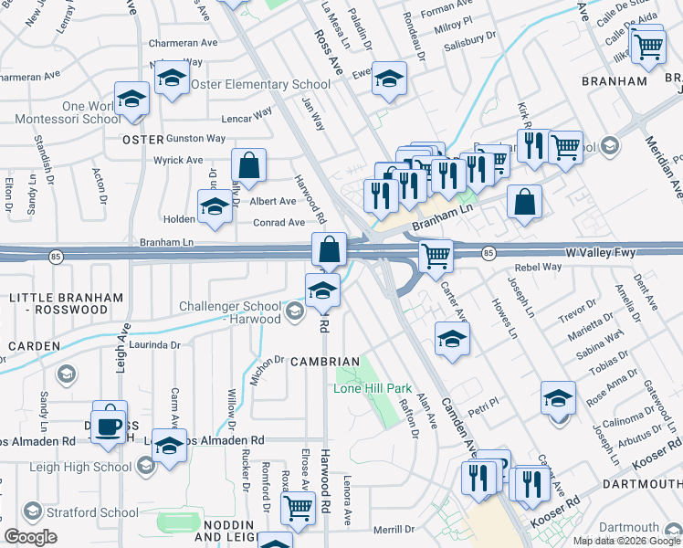 map of restaurants, bars, coffee shops, grocery stores, and more near 4846 Harwood Road in San Jose