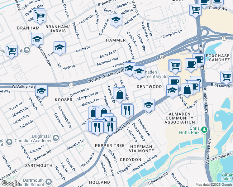map of restaurants, bars, coffee shops, grocery stores, and more near 5325 Rimwood Drive in San Jose
