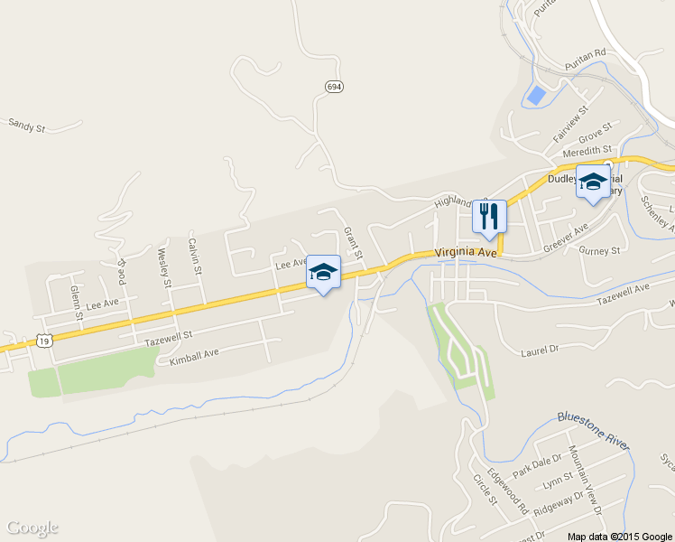 map of restaurants, bars, coffee shops, grocery stores, and more near 1720 Virginia Avenue in Bluefield