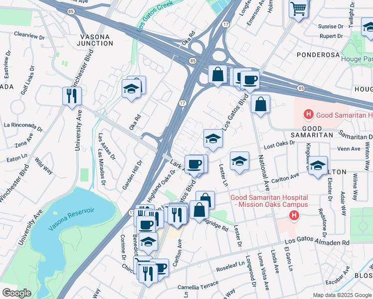 map of restaurants, bars, coffee shops, grocery stores, and more near 15117 Shore Drive in Los Gatos