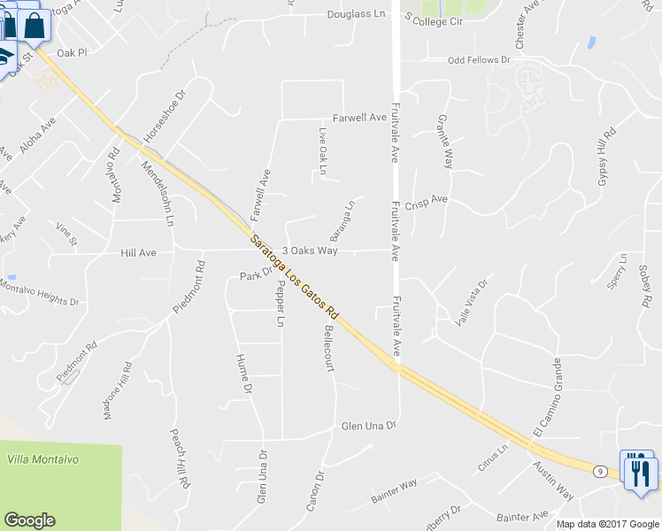 map of restaurants, bars, coffee shops, grocery stores, and more near 19670 3 Oaks Way in Saratoga