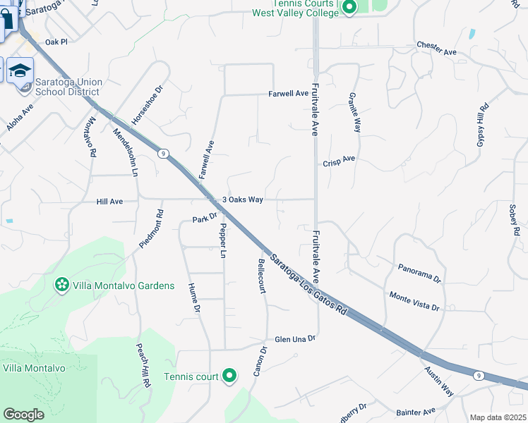 map of restaurants, bars, coffee shops, grocery stores, and more near 19670 3 Oaks Way in Saratoga