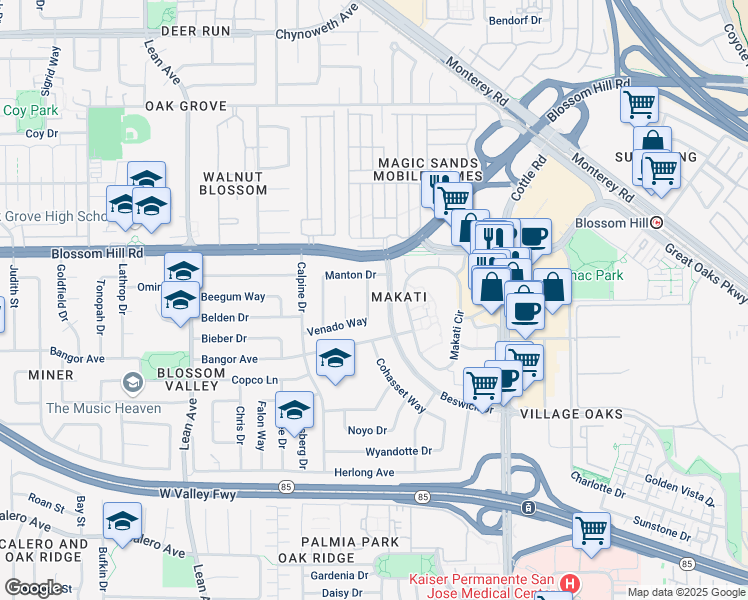 map of restaurants, bars, coffee shops, grocery stores, and more near 154 Venado Way in San Jose