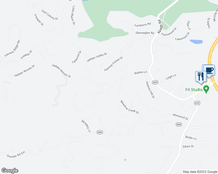 map of restaurants, bars, coffee shops, grocery stores, and more near 6539 Fairway Estates Drive in Roanoke