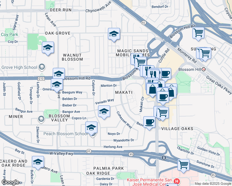 map of restaurants, bars, coffee shops, grocery stores, and more near 154 Venado Way in San Jose