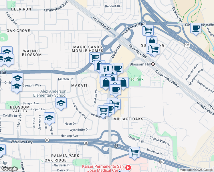 map of restaurants, bars, coffee shops, grocery stores, and more near 5683 Cottle Road in San Jose