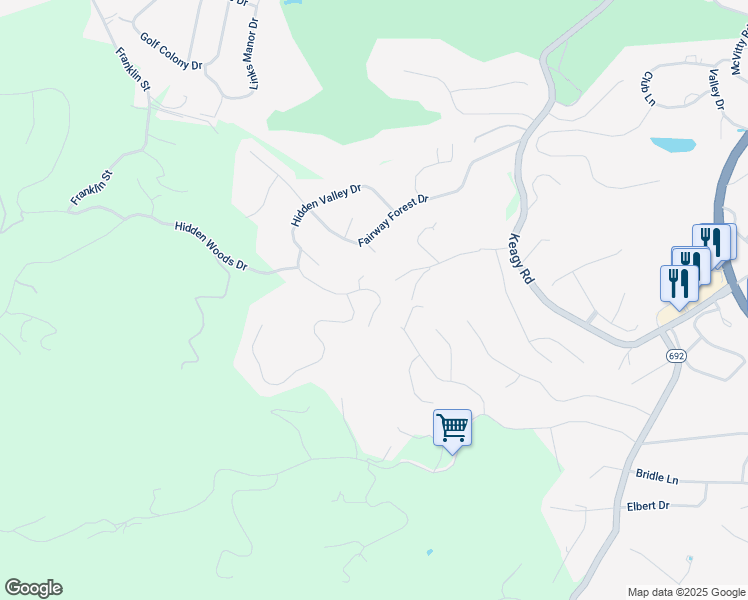map of restaurants, bars, coffee shops, grocery stores, and more near 6539 Fairway Estates Drive in Roanoke