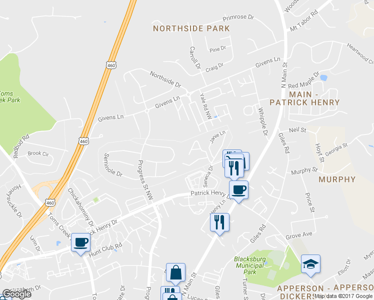 map of restaurants, bars, coffee shops, grocery stores, and more near 317 Pheasant Run Court in Blacksburg