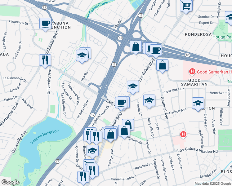 map of restaurants, bars, coffee shops, grocery stores, and more near 15117 Shore Drive in Los Gatos