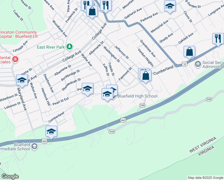 map of restaurants, bars, coffee shops, grocery stores, and more near 560 West Cumberland Road in Bluefield