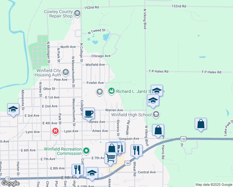 map of restaurants, bars, coffee shops, grocery stores, and more near 100 College Street in Winfield