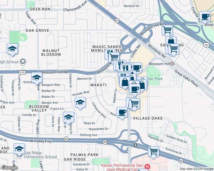 map of restaurants, bars, coffee shops, grocery stores, and more near 5482 Makati Circle in San Jose