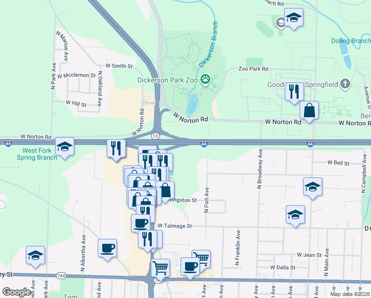 map of restaurants, bars, coffee shops, grocery stores, and more near 1400 West Evergreen Street in Springfield