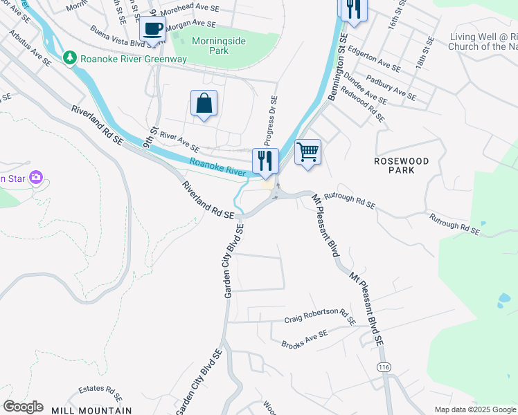 map of restaurants, bars, coffee shops, grocery stores, and more near Riverland Road in Roanoke