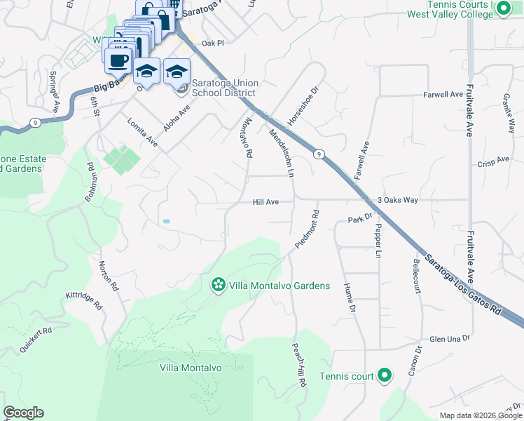 map of restaurants, bars, coffee shops, grocery stores, and more near 20200 Hill Avenue in Saratoga