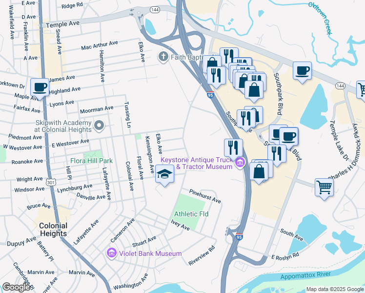 map of restaurants, bars, coffee shops, grocery stores, and more near 900 Conduit Road in Colonial Heights