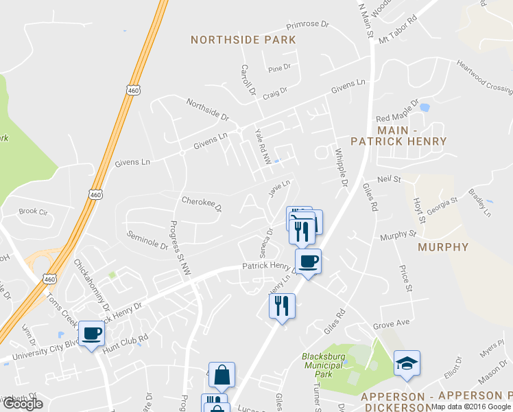 map of restaurants, bars, coffee shops, grocery stores, and more near Pheasant Run Circle in Blacksburg