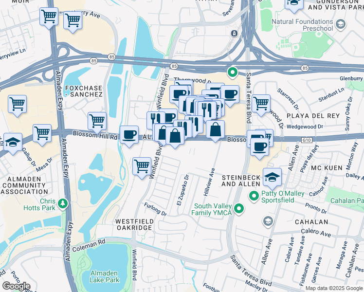 map of restaurants, bars, coffee shops, grocery stores, and more near 940 Blossom Hill Road in San Jose