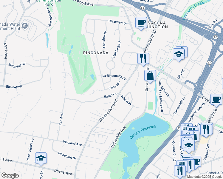 map of restaurants, bars, coffee shops, grocery stores, and more near 17268 Zena Avenue in Monte Sereno