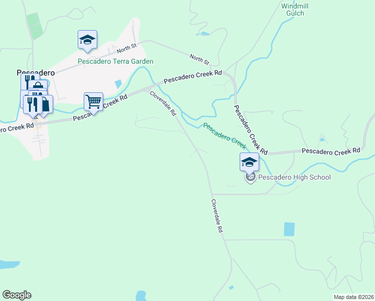 map of restaurants, bars, coffee shops, grocery stores, and more near 5631 Cloverdale Road in Pescadero