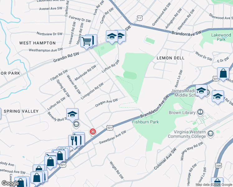 map of restaurants, bars, coffee shops, grocery stores, and more near 2427 Oregon Avenue Southwest in Roanoke