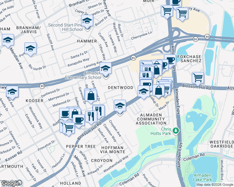 map of restaurants, bars, coffee shops, grocery stores, and more near 1253 Ironbridge Way in San Jose