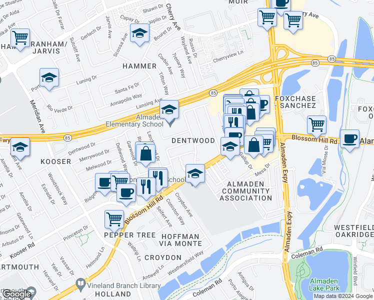 map of restaurants, bars, coffee shops, grocery stores, and more near 1253 Ironbridge Way in San Jose
