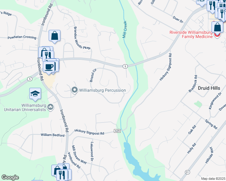 map of restaurants, bars, coffee shops, grocery stores, and more near 3308 Isle of Wight Court in Williamsburg