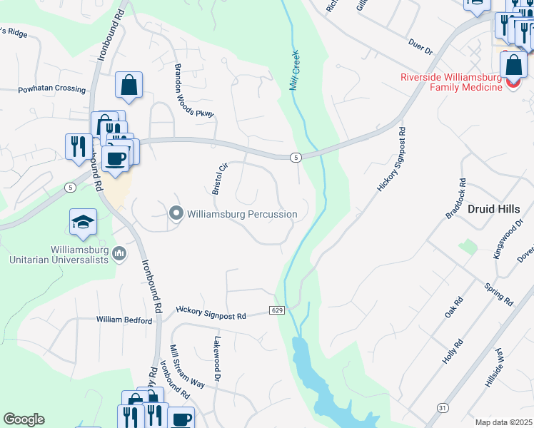 map of restaurants, bars, coffee shops, grocery stores, and more near 3308 Isle of Wight Court in Williamsburg