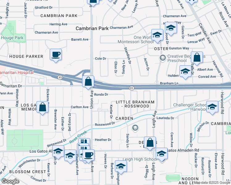 map of restaurants, bars, coffee shops, grocery stores, and more near 14817 Ronda Drive in San Jose