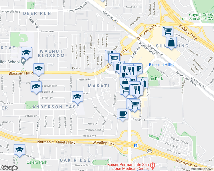 map of restaurants, bars, coffee shops, grocery stores, and more near 5508 Makati Circle in San Jose