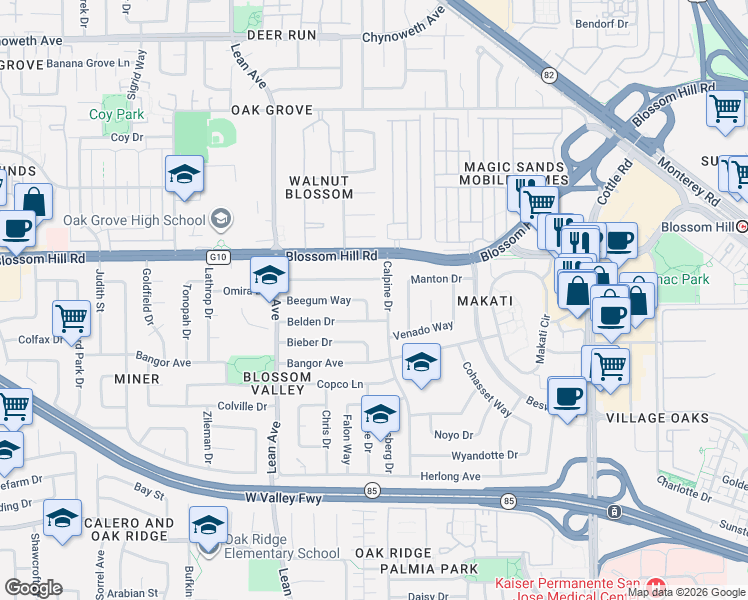 map of restaurants, bars, coffee shops, grocery stores, and more near 203 Beegum Way in San Jose