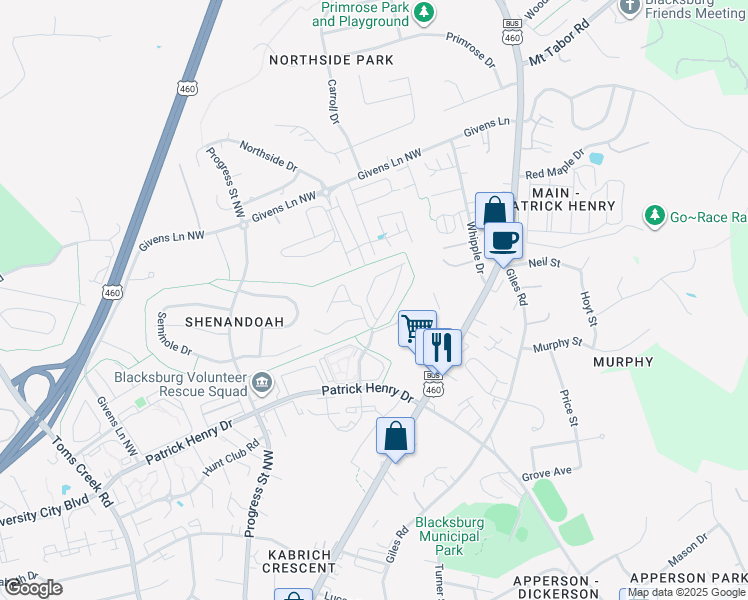 map of restaurants, bars, coffee shops, grocery stores, and more near 206 Janie Lane in Blacksburg
