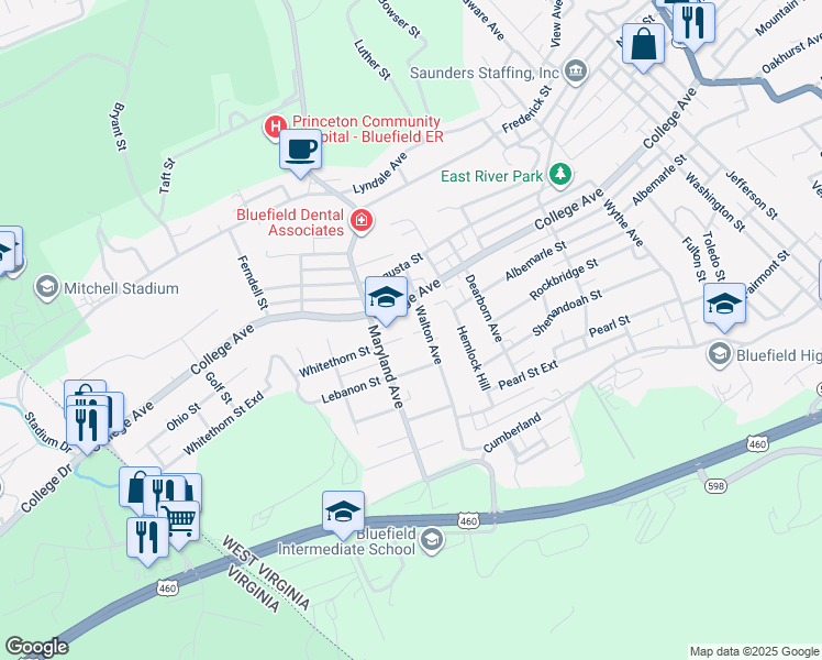 map of restaurants, bars, coffee shops, grocery stores, and more near 2004 Walton Ave in Bluefield