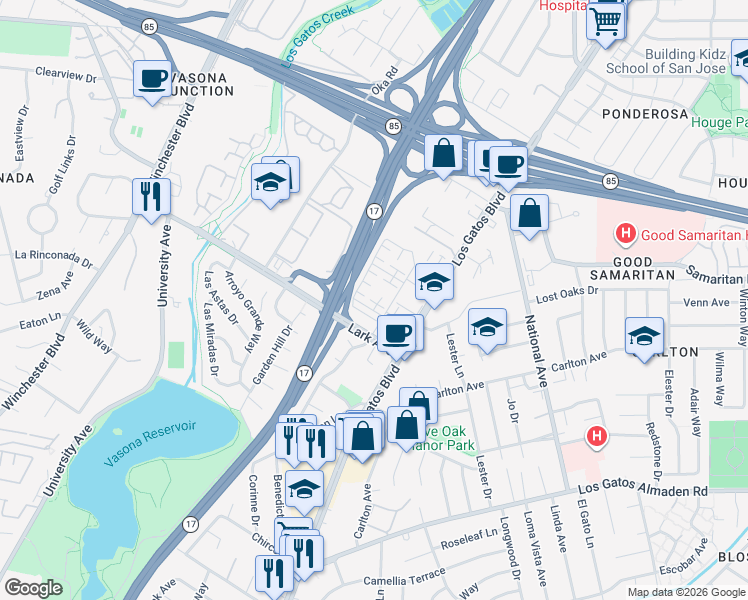 map of restaurants, bars, coffee shops, grocery stores, and more near 16442 Bennett Way in Los Gatos