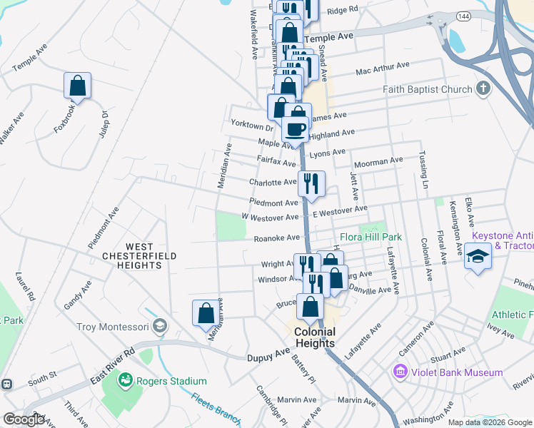 map of restaurants, bars, coffee shops, grocery stores, and more near 161 West Westover Avenue in Colonial Heights