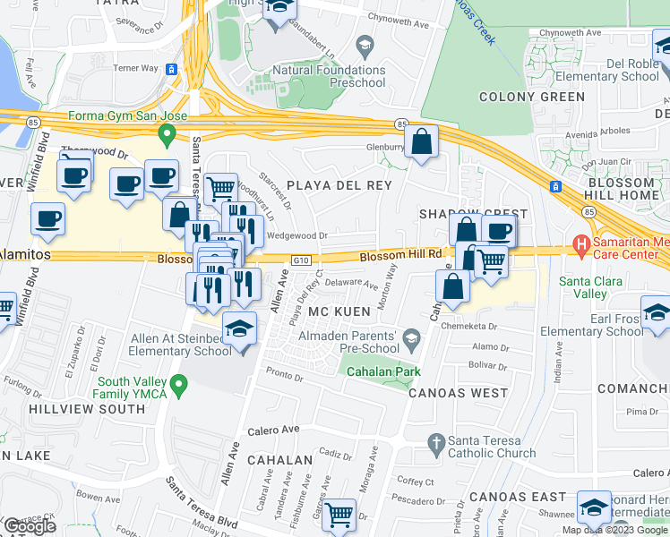 map of restaurants, bars, coffee shops, grocery stores, and more near 790 Blossom Hill Road in San Jose