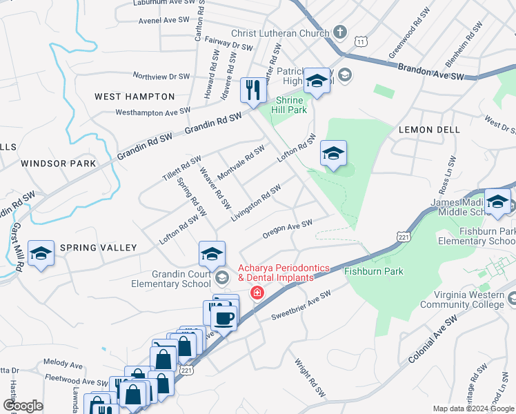 map of restaurants, bars, coffee shops, grocery stores, and more near 2472 Livingston Road Southwest in Roanoke