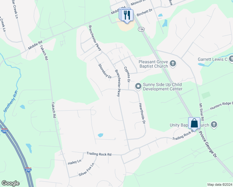 map of restaurants, bars, coffee shops, grocery stores, and more near 4409 Branchester Parkway in Prince George