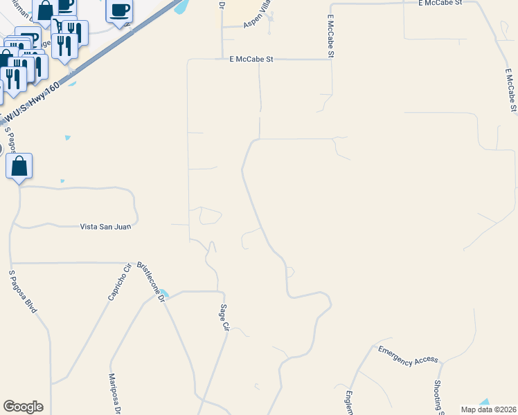 map of restaurants, bars, coffee shops, grocery stores, and more near 1182 Cool Pines Drive in Pagosa Springs