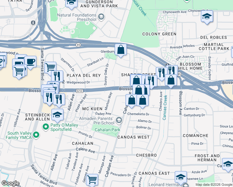 map of restaurants, bars, coffee shops, grocery stores, and more near 5686 San Lorenzo Drive in San Jose